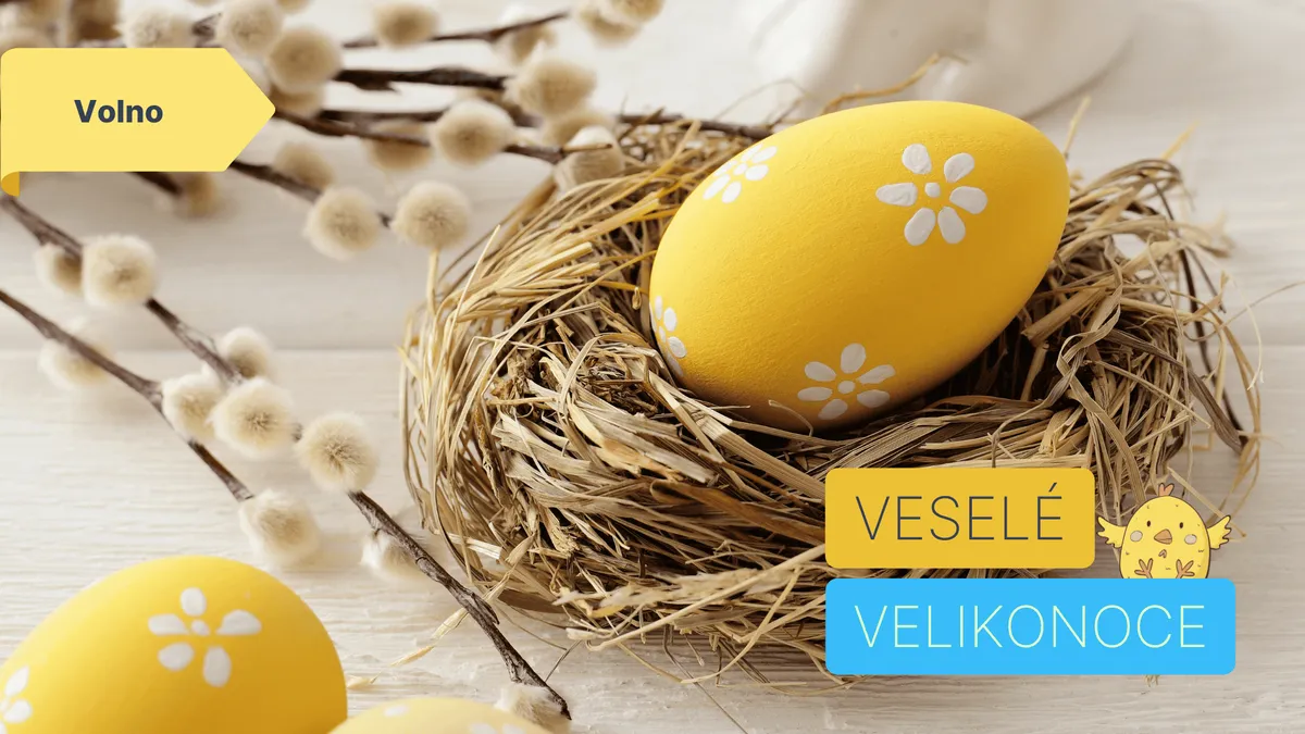 Přání k Velikonocům, na kterém je žluté vejce v hnízdečku ze slámy a rozkvetlé kočičky