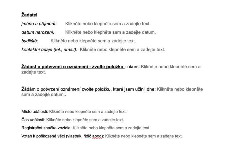vzor žádosti na potvrzení oznámení dopravní nehody od PČR